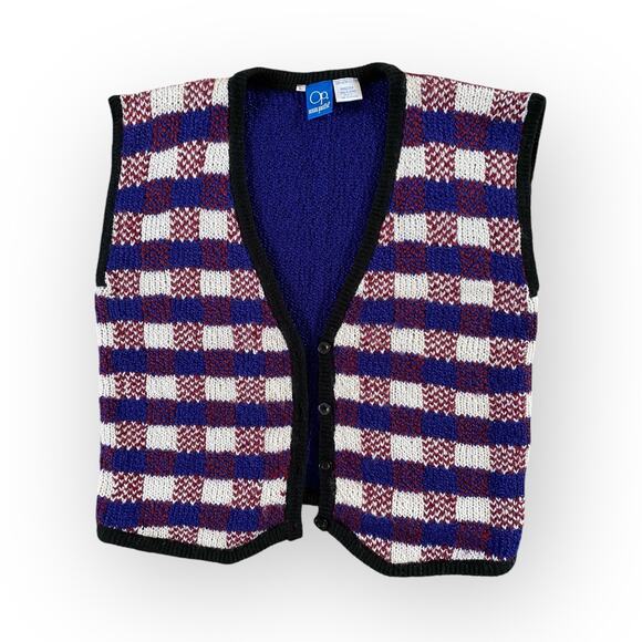 Vintage 90s OP Button Down Sweater Vest Plaid Men's size Large Preppy Grunge - Picture 2 of 5